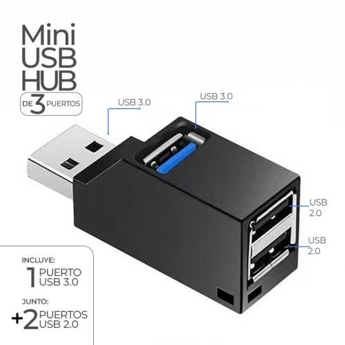 Mini USB hub de 3 puertos (1 puerto USB 3.0 y 2 puertos 2.0)