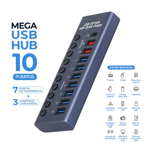 Mega USB hub 10 puertos con Carga rápida