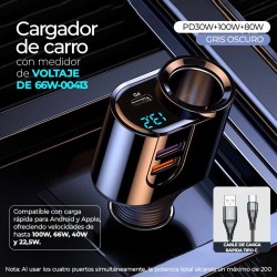 Cargador de Carro con Medidor de Voltaje de 66W