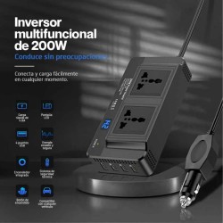 Inversor de Voltaje para carro 12V, con enchufes y puertos USB
