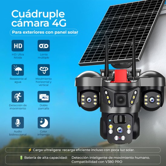 Cuádruple cámara 4G para exteriores con panel solar