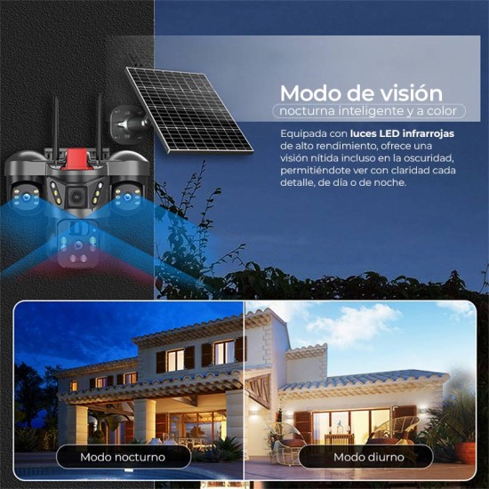 Cuádruple cámara 4G para exteriores con panel solar